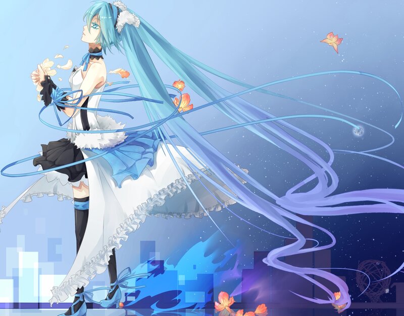 Blue-haired Anime Girl — Blue, Serene, Night, Digital Art, Flowers