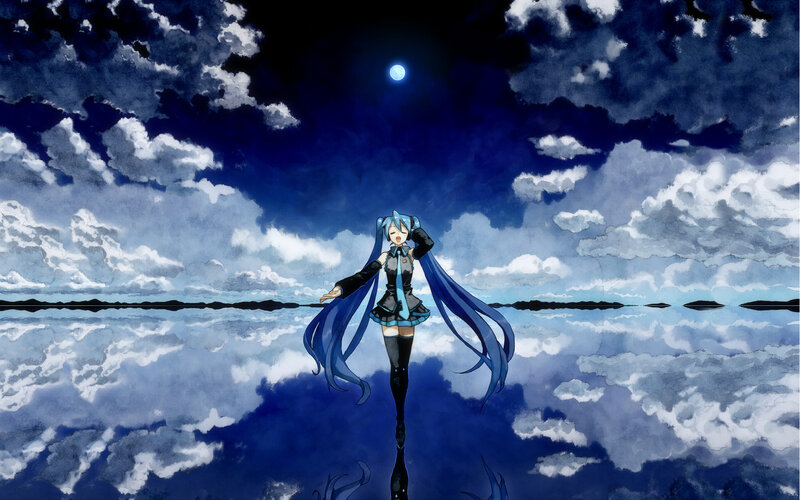 Blue-haired Anime Girl — Blue, Serene, Night, Digital Art, Moon, Clouds, Water