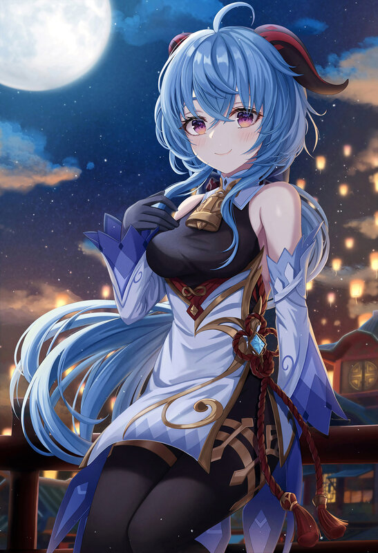 Blue-haired Anime Girl — Blue, Serene, Night, Digital Art, Moon, Lanterns