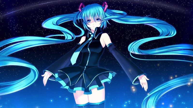 Blue-haired Anime Girl — Blue, Serene, Night, Digital Art, Space, Stars