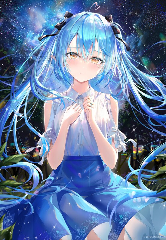 Blue-haired Anime Girl — Blue, Serene, Night, Digital Art, Stars, Trees