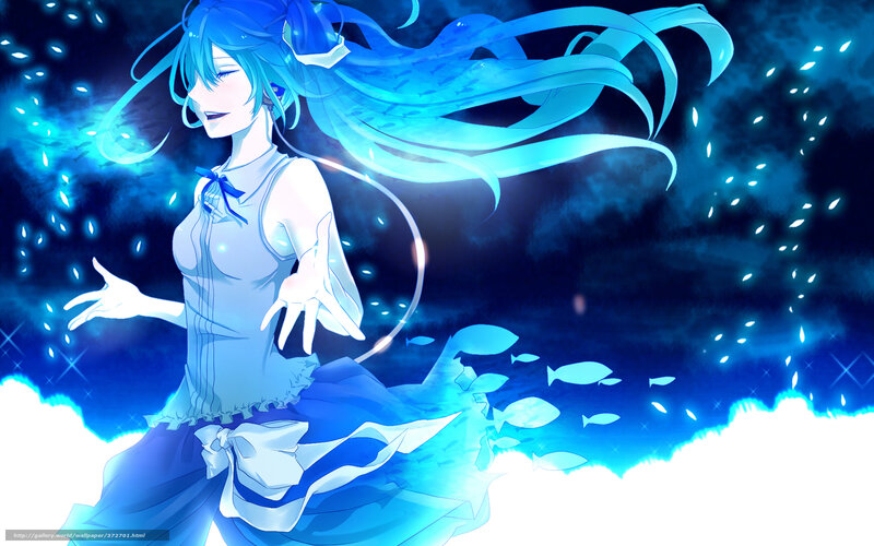 Blue-haired Anime Girl — Blue, Serene, Night, Fish