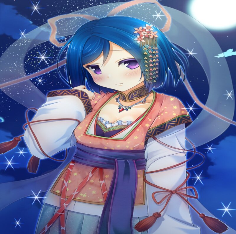 Blue-haired Anime Girl — Blue, Serene, Night, Flowers, Moon