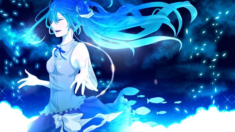 Blue-haired Anime Girl — Blue, Serene, Night, Long Hair, Fish