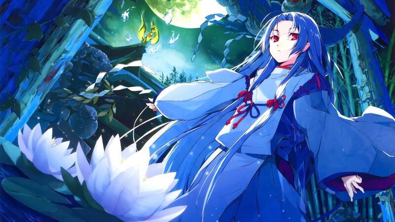 Blue-haired Anime Girl — Blue, Serene, Night, Lotus Flowers