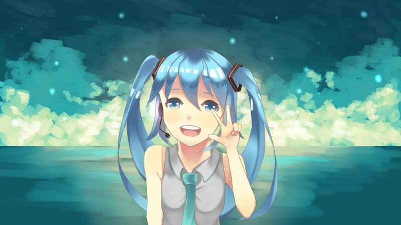 Blue-haired Anime Girl — Blue, Serene, Night, Microphone