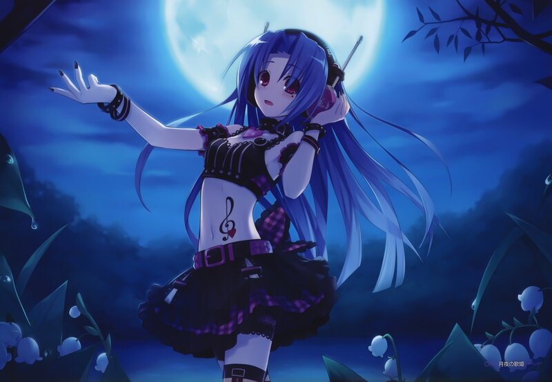 Blue-haired Anime Girl — Blue, Serene, Night, Moon, Flowers