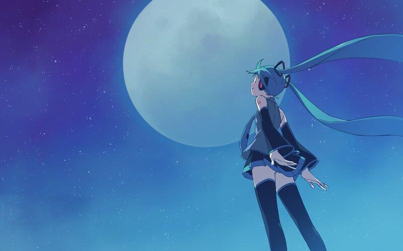 Blue-haired Anime Girl — Blue, Serene, Night, Moon, Stars, Space