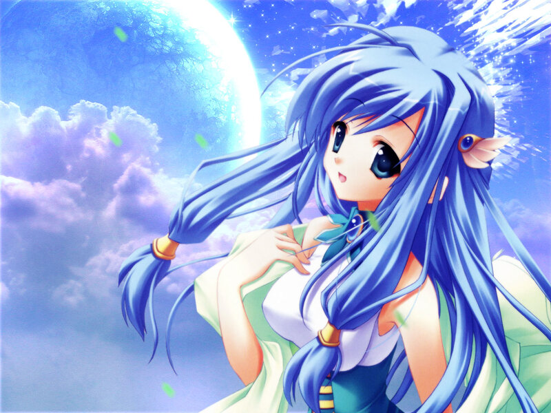 Blue-haired Anime Girl — Blue, Serene, Night, Moon