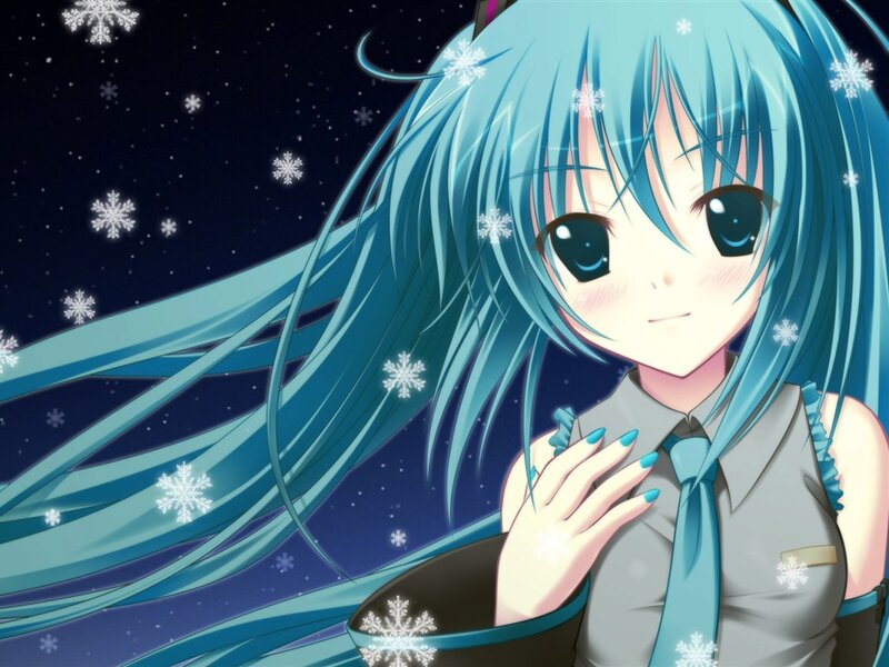 Blue-haired Anime Girl — Blue, Serene, Night, Snowflakes, Tie