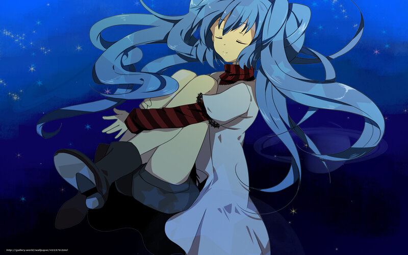 Blue-haired Anime Girl — Blue, Serene, Night, Stars, Scarf