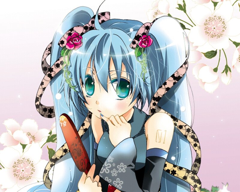 Blue-haired Anime Girl — Blue, Serene, Spring, Flowers