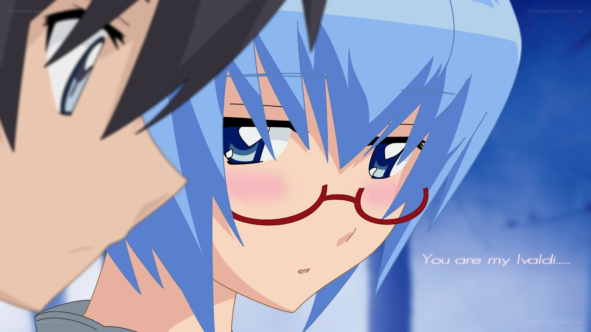 blue-haired anime girl blushes