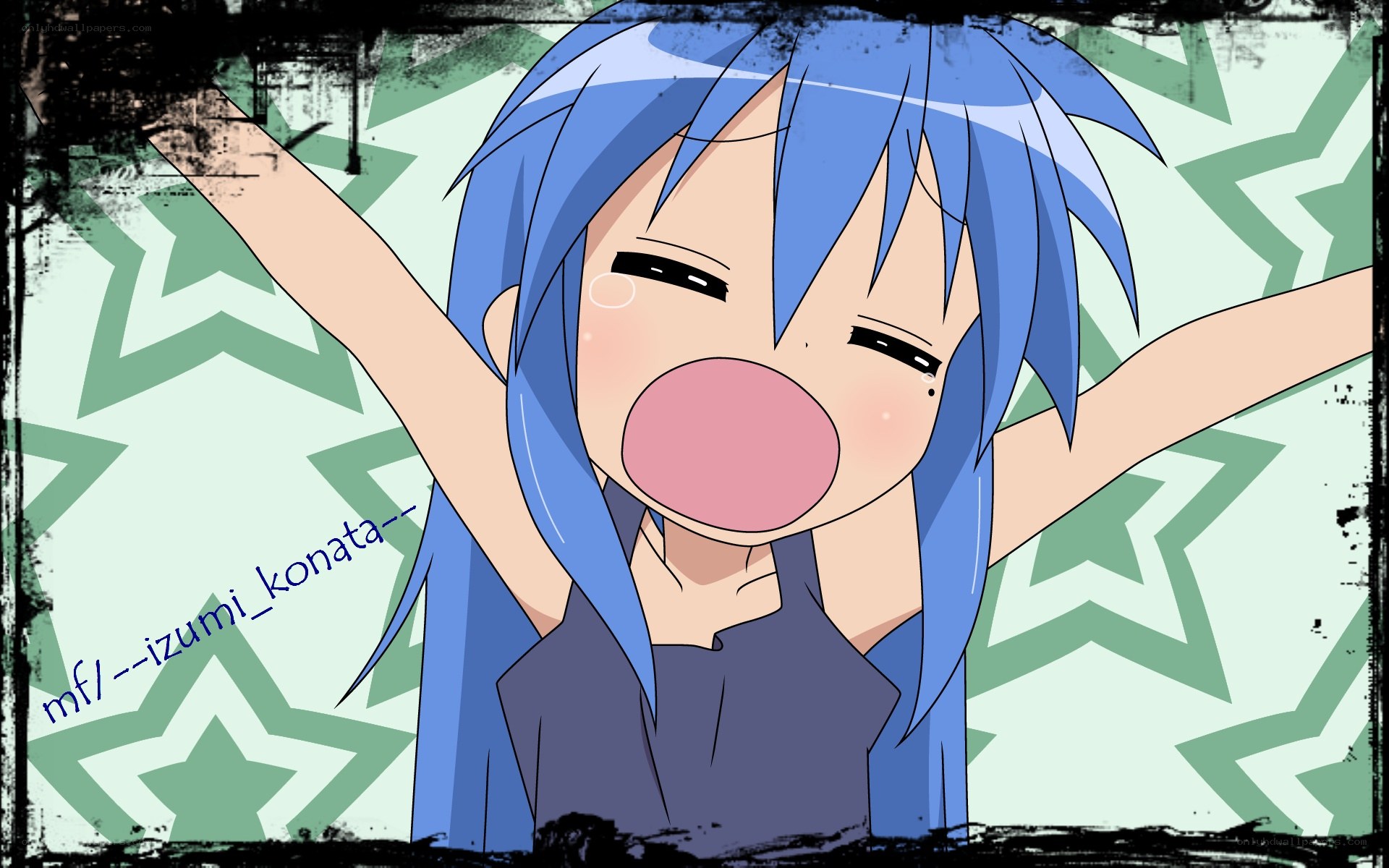 blue-haired anime girl cheering