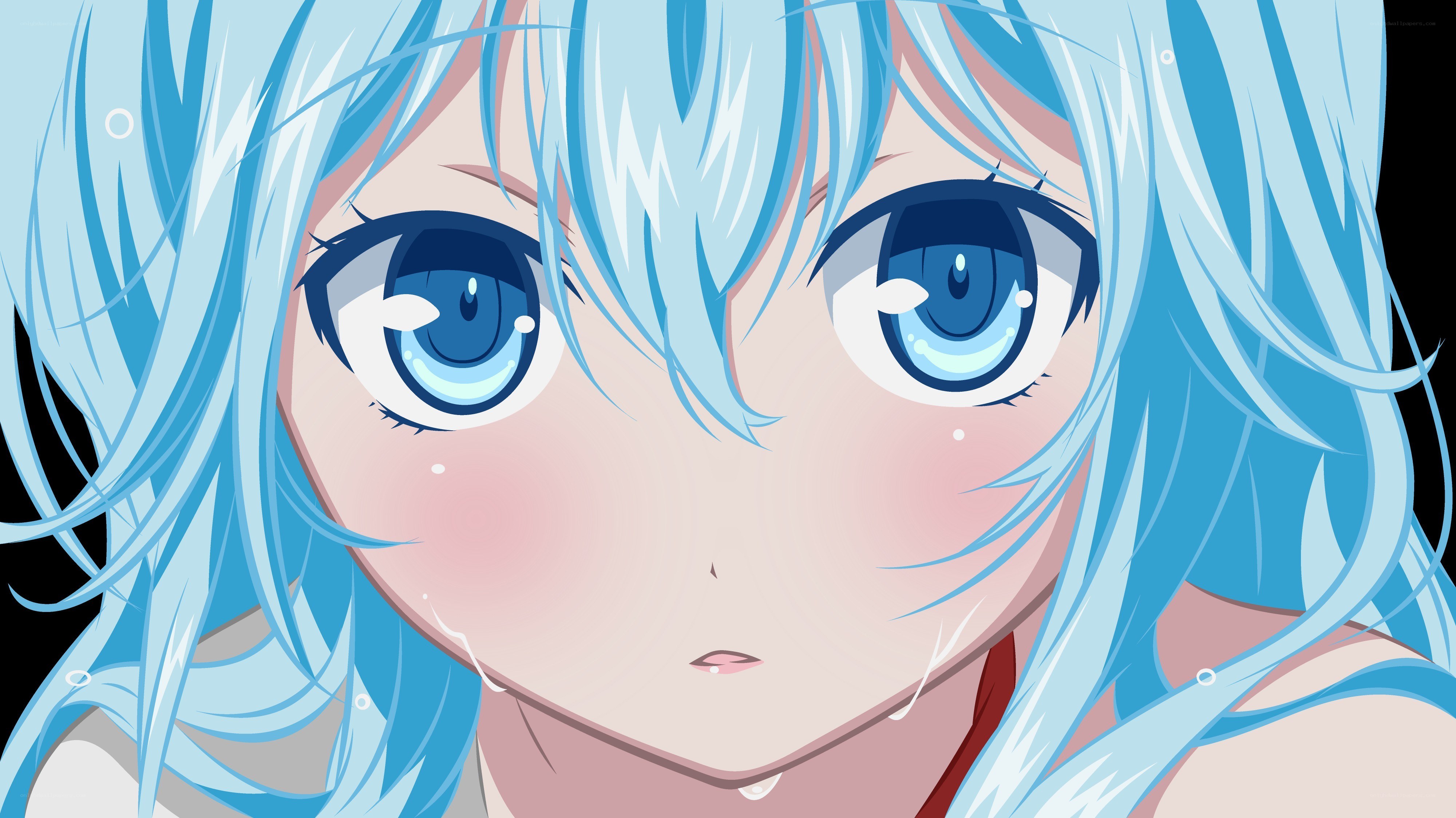 blue-haired anime girl crying