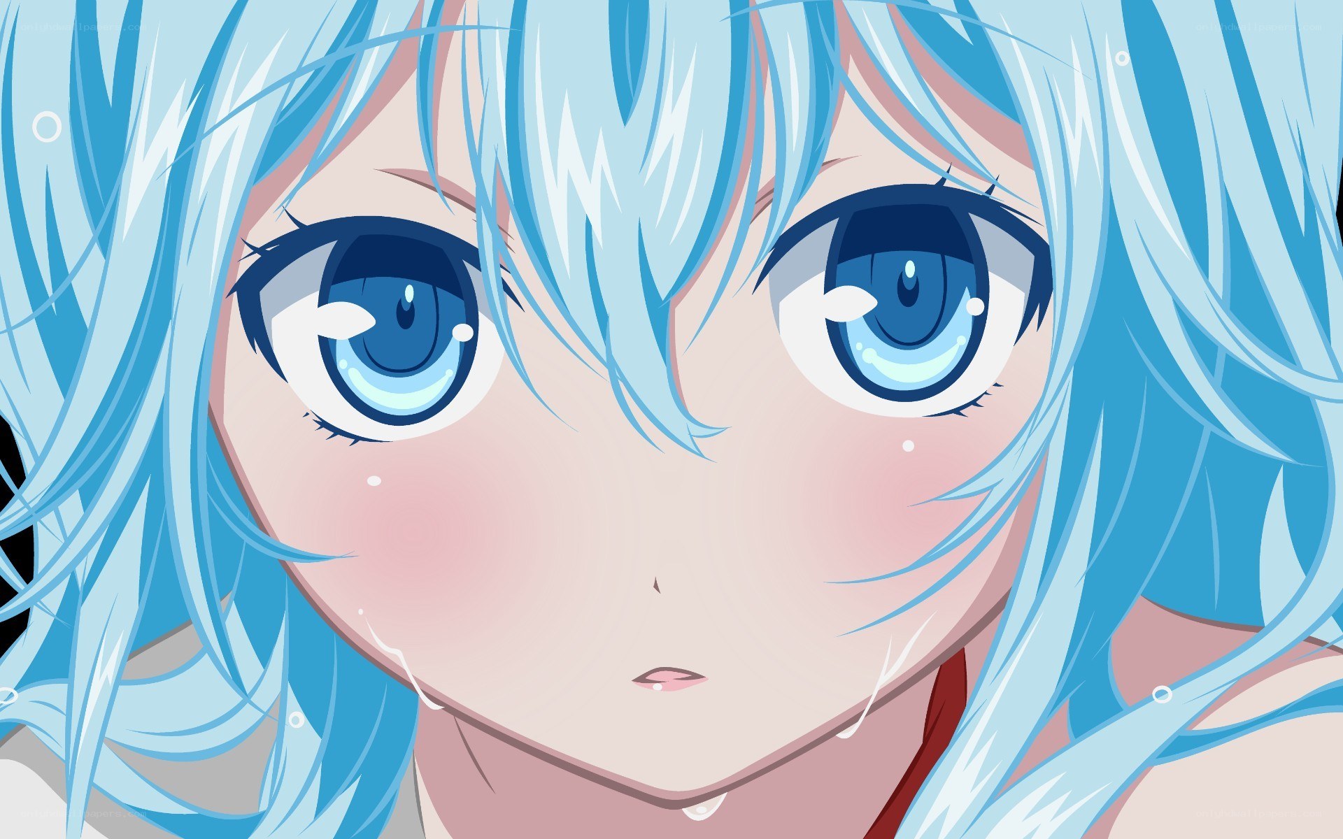 blue-haired anime girl crying