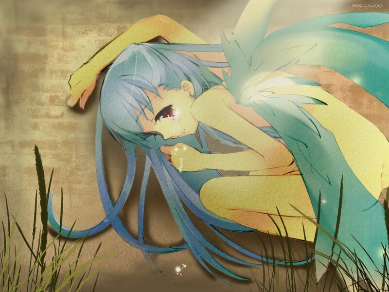 Blue-haired anime girl crying