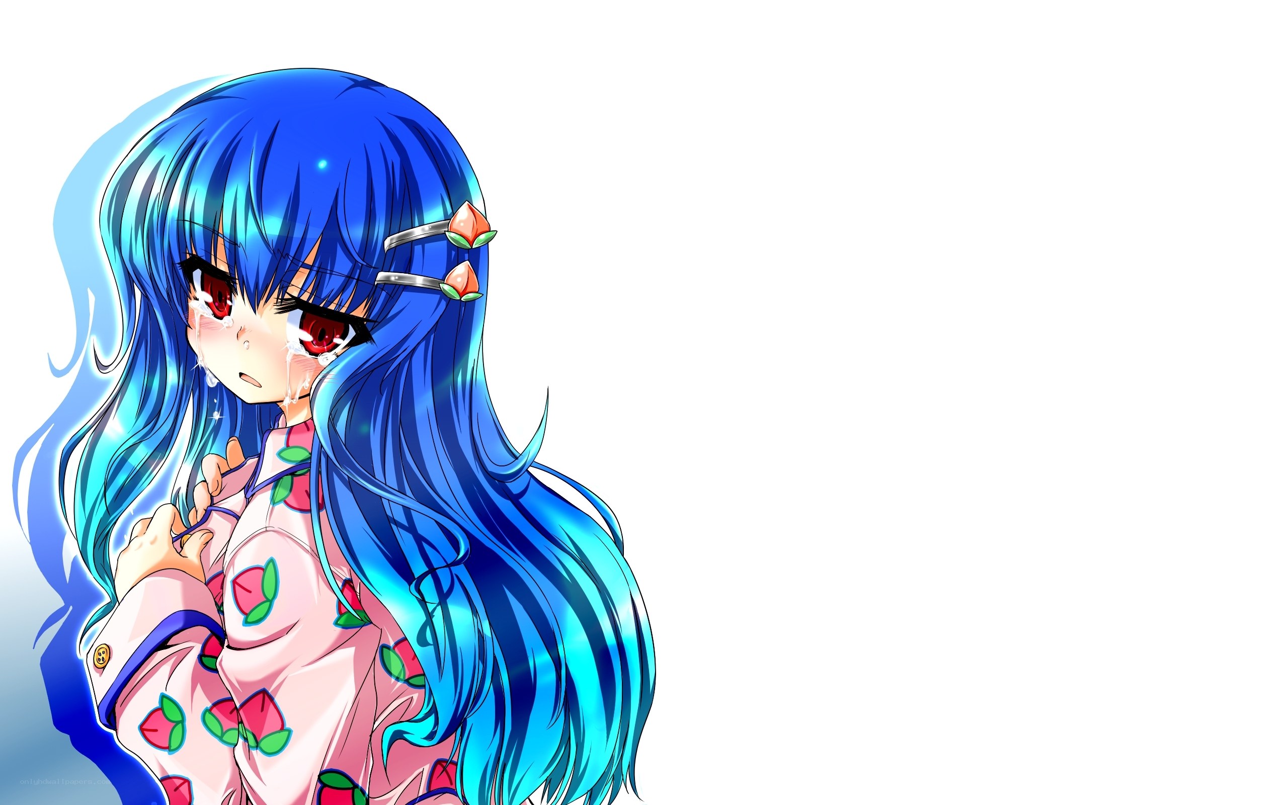 blue-haired anime girl crying