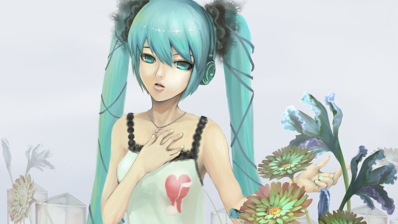 Blue-haired Anime Girl — Cyan, Calm, Digital Art, Flowers