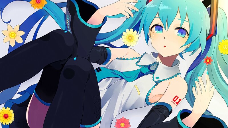 Blue-haired Anime Girl — Cyan, Calm, Flowers, Long Hair