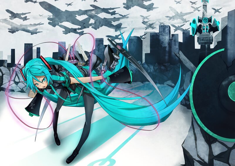 Blue-haired Anime Girl — Cyan, Dramatic, Digital Art, Airplanes, Cityscape