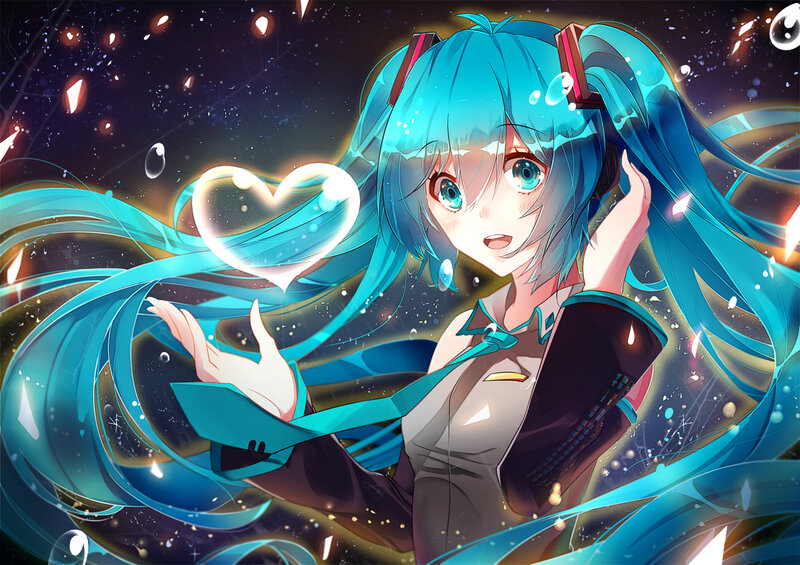 Blue-haired Anime Girl — Cyan, Dreamy, Night, Digital Art, Heart