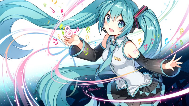 Blue-haired Anime Girl — Cyan, Energetic, Digital Art, Music Notes