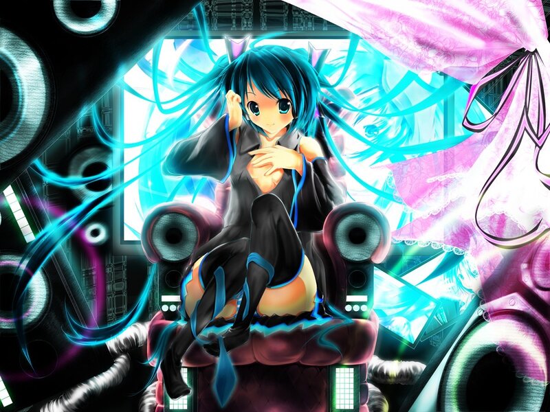 Blue-haired Anime Girl — Cyan, Energetic, Digital Art, Speakers