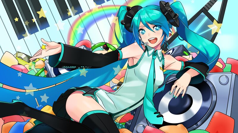 Blue-haired Anime Girl — Cyan, Energetic, Piano Keys, Rainbow, Speaker