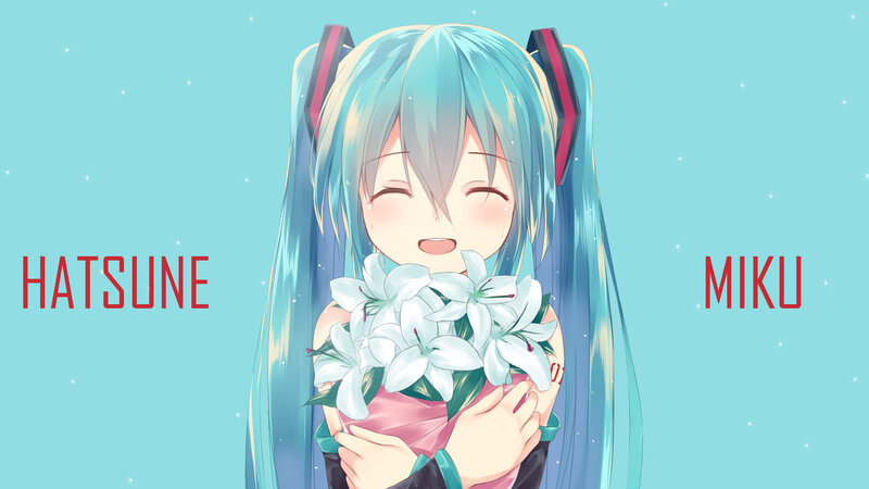 Blue-haired Anime Girl — Cyan, Happy, Flowers