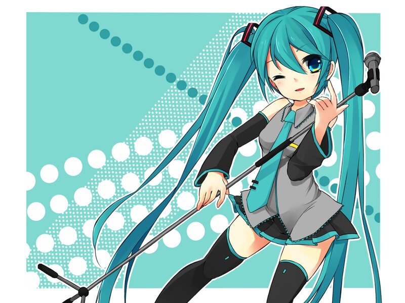 Blue-haired Anime Girl — Cyan, Playful, Microphone, Long Hair