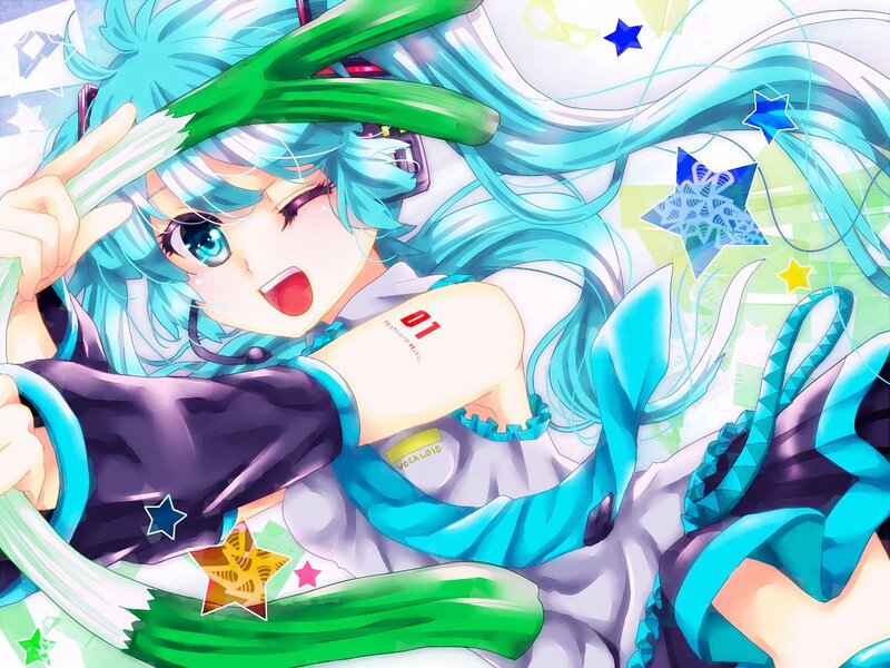 Blue-haired Anime Girl — Cyan, Playful, Stars, Green Object