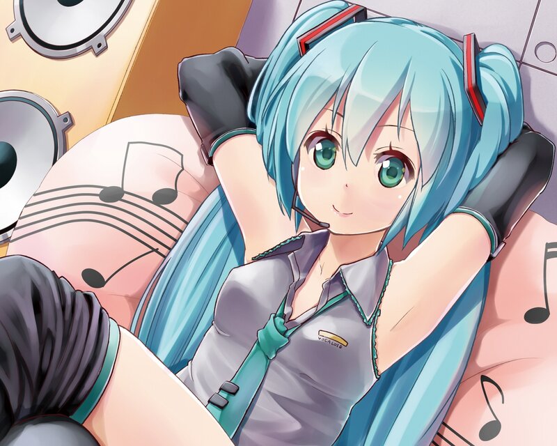 Blue-haired Anime Girl — Cyan, Relaxed, Music Notes