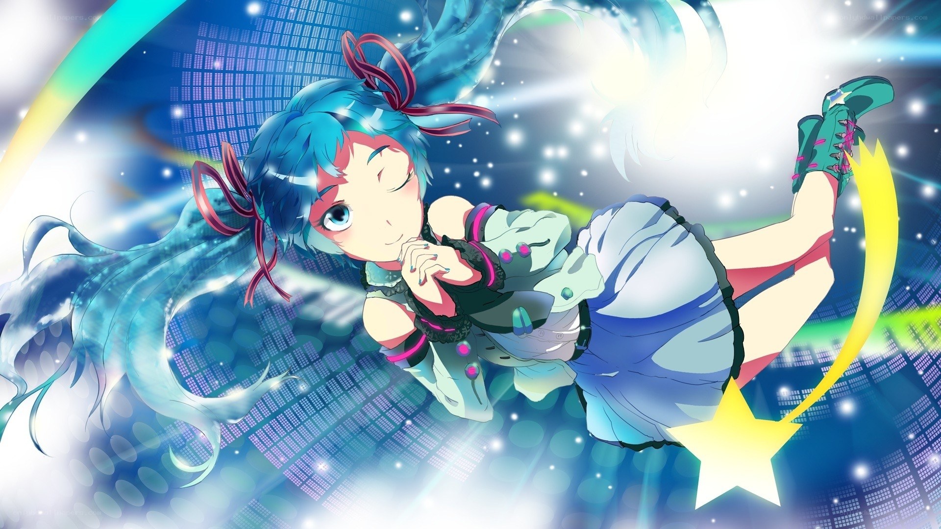 blue-haired anime girl dancing