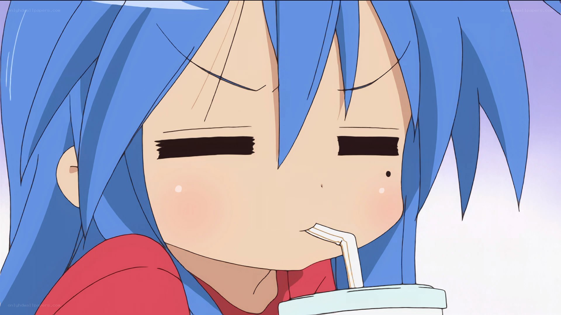 blue-haired anime girl drinking