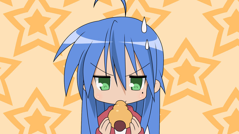 blue-haired anime girl eating