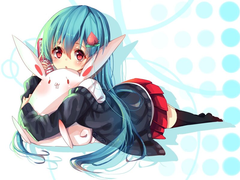 blue-haired anime girl hugging bunny