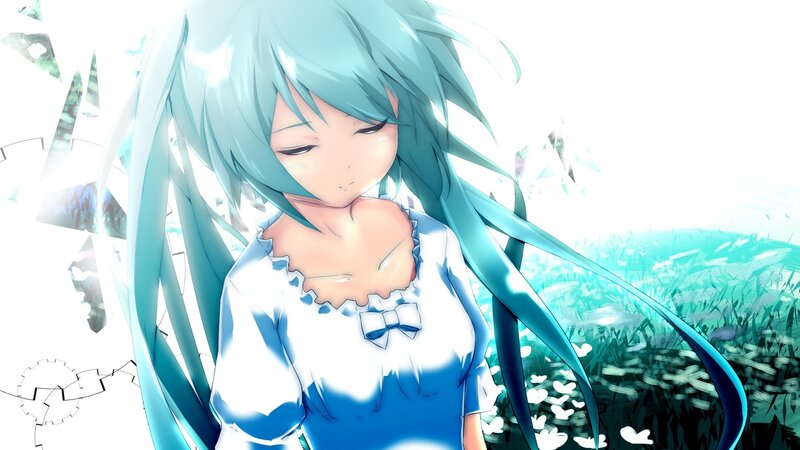 blue-haired anime girl in a field