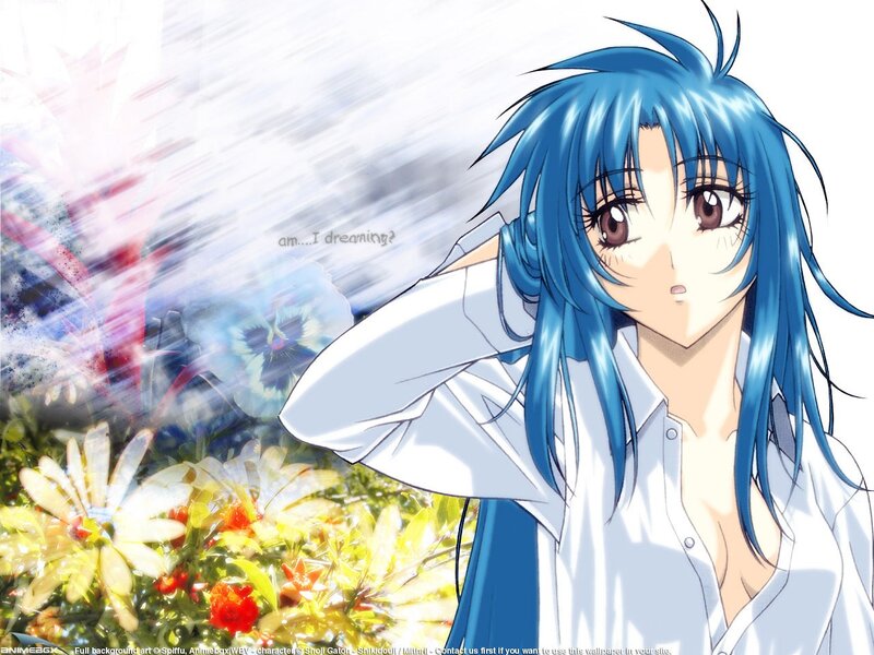 blue-haired anime girl in a field