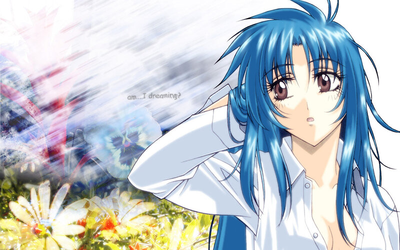 blue-haired anime girl in a field