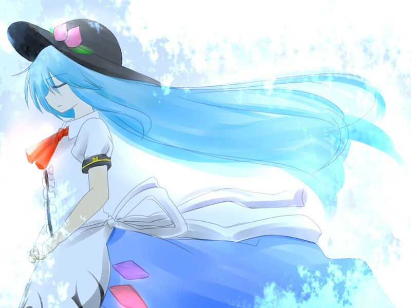 blue-haired anime girl in a hat