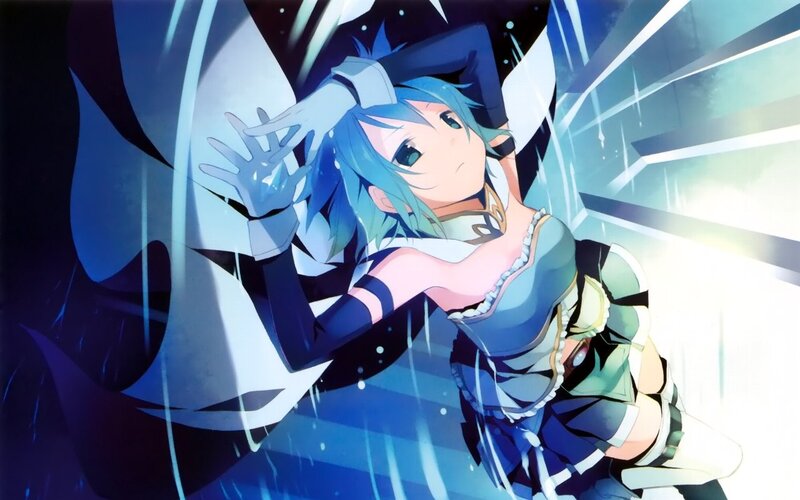 blue-haired anime girl in action