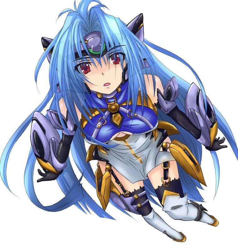 blue-haired anime girl in armor