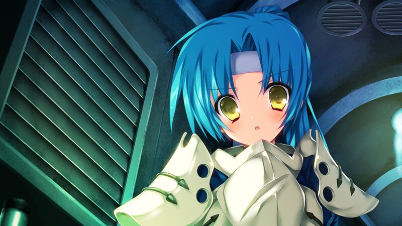 blue-haired anime girl in armor