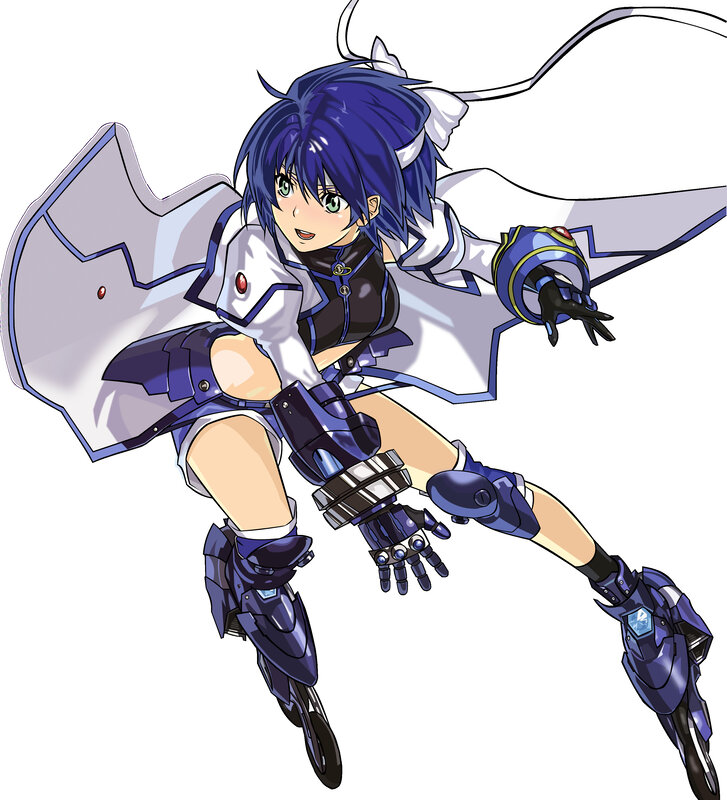 blue-haired anime girl in armor