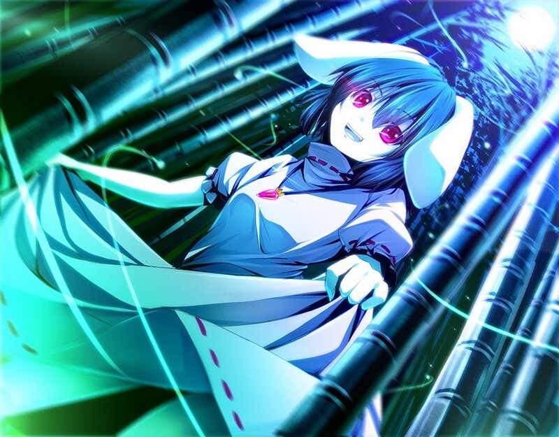 blue-haired anime girl in bamboo forest