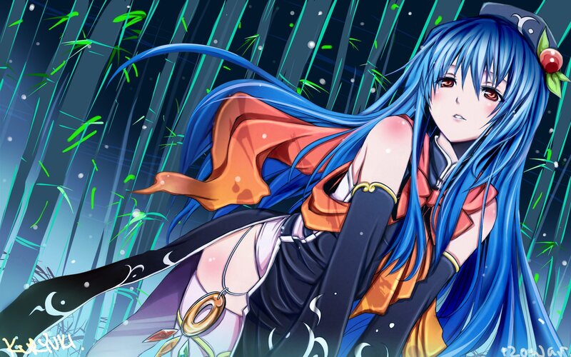 blue-haired anime girl in bamboo forest