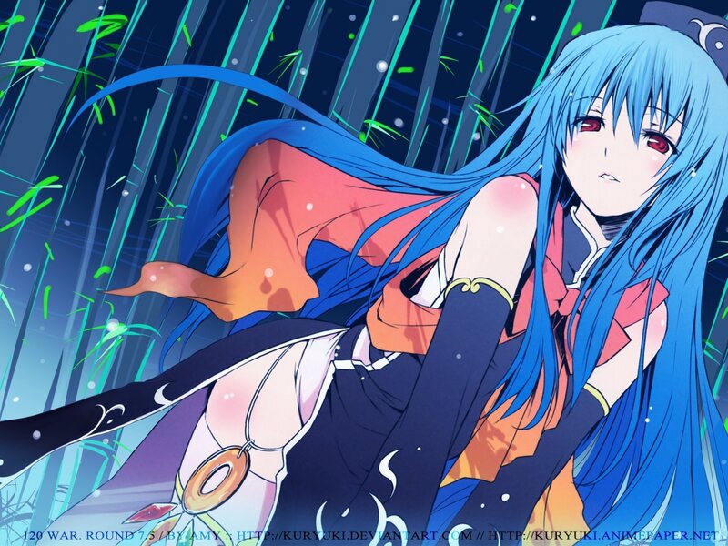 blue-haired anime girl in bamboo forest