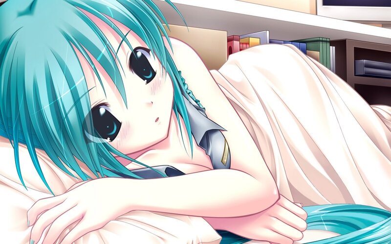 blue-haired anime girl in bed