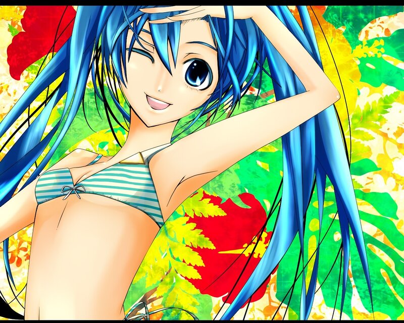 blue-haired anime girl in bikini